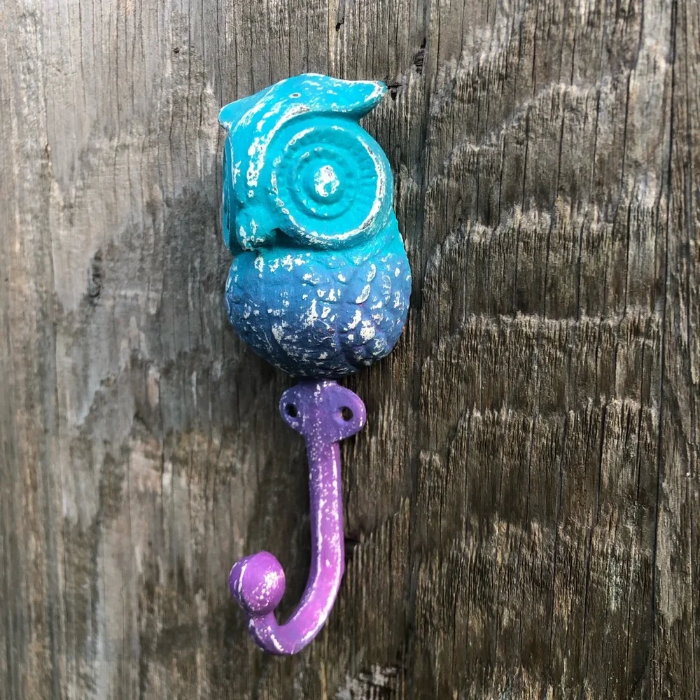 Upcycled Blue and Purple Cast Iron Owl Hook
